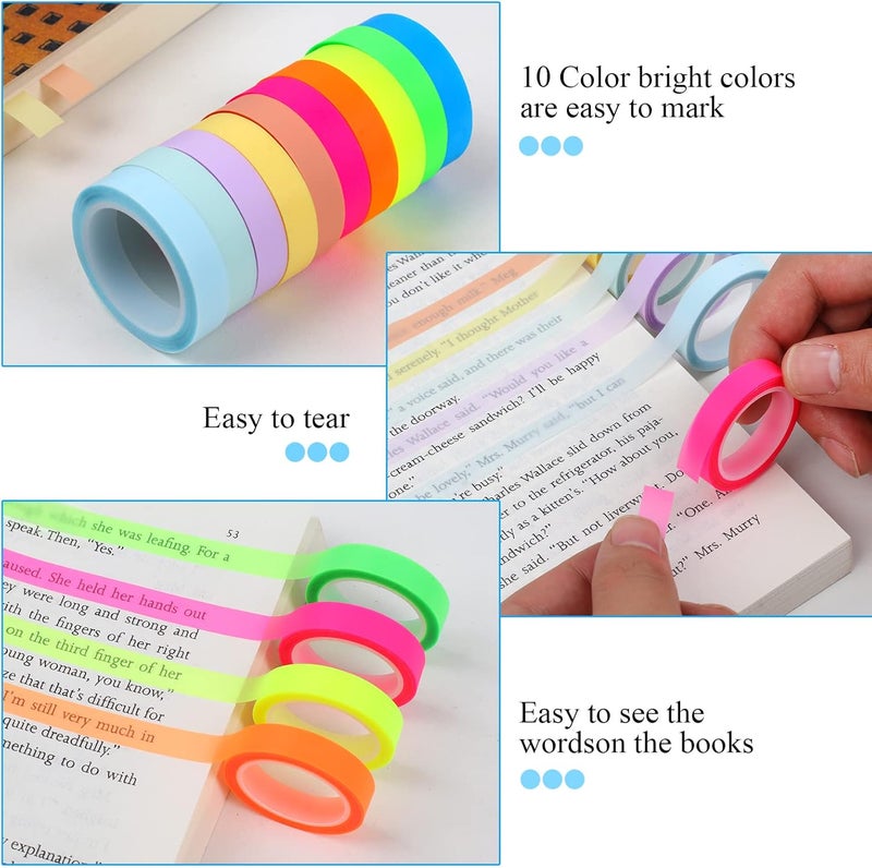 Utron 10 Rolls Colorful Highlighter Tape, 0.31" x 16.5 ft Highlighter Tape Removable, Transparent Highlighter Strips, Highlighter Tapes for Books Teachers Students - Image 3